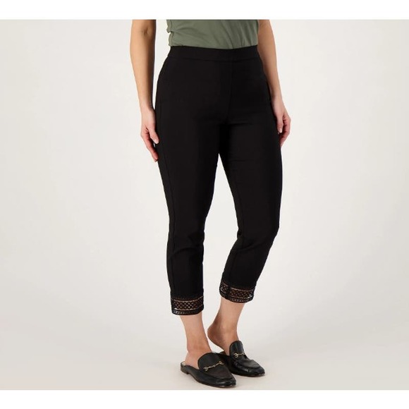 SUSAN GRAVER Ultra Stretch Crop Pant with Crochet Trim Black Petite 8 - Picture 4 of 5